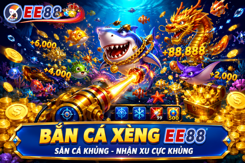Bắn Cá Xèng EE88 với nhiều đồng xu vàng, cá đa dạng và hiệu ứng bắn rực rỡ