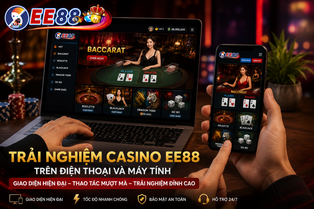 Người chơi trải nghiệm Casino EE88 trên điện thoại và máy tính với giao diện hiện đại