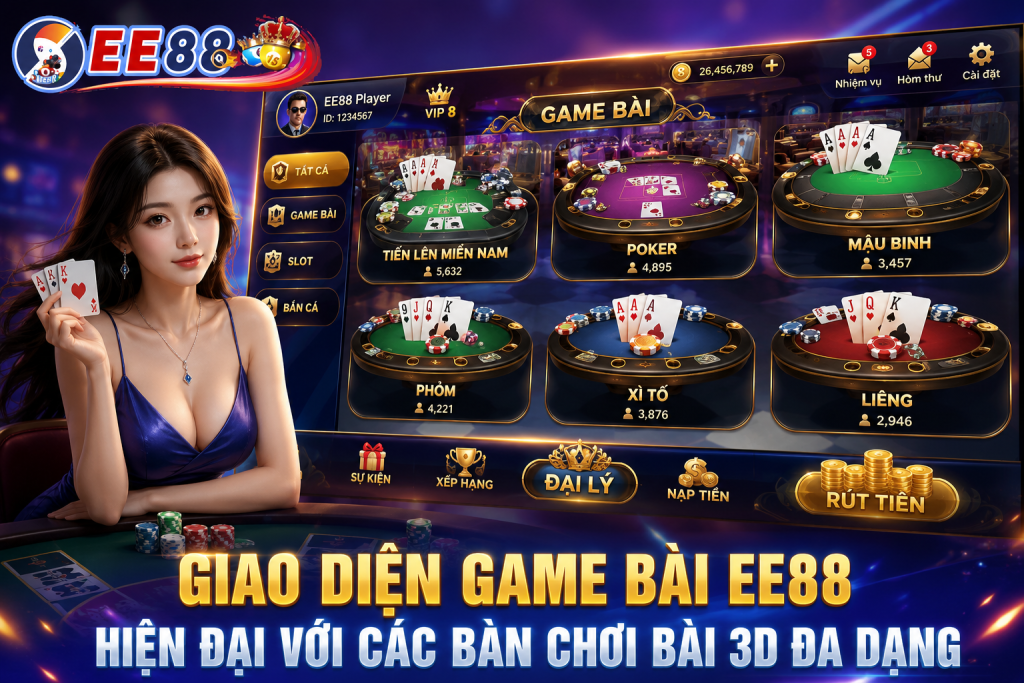 Giao diện Game Bài EE88 hiện đại với các bàn chơi bài 3D đa dạng