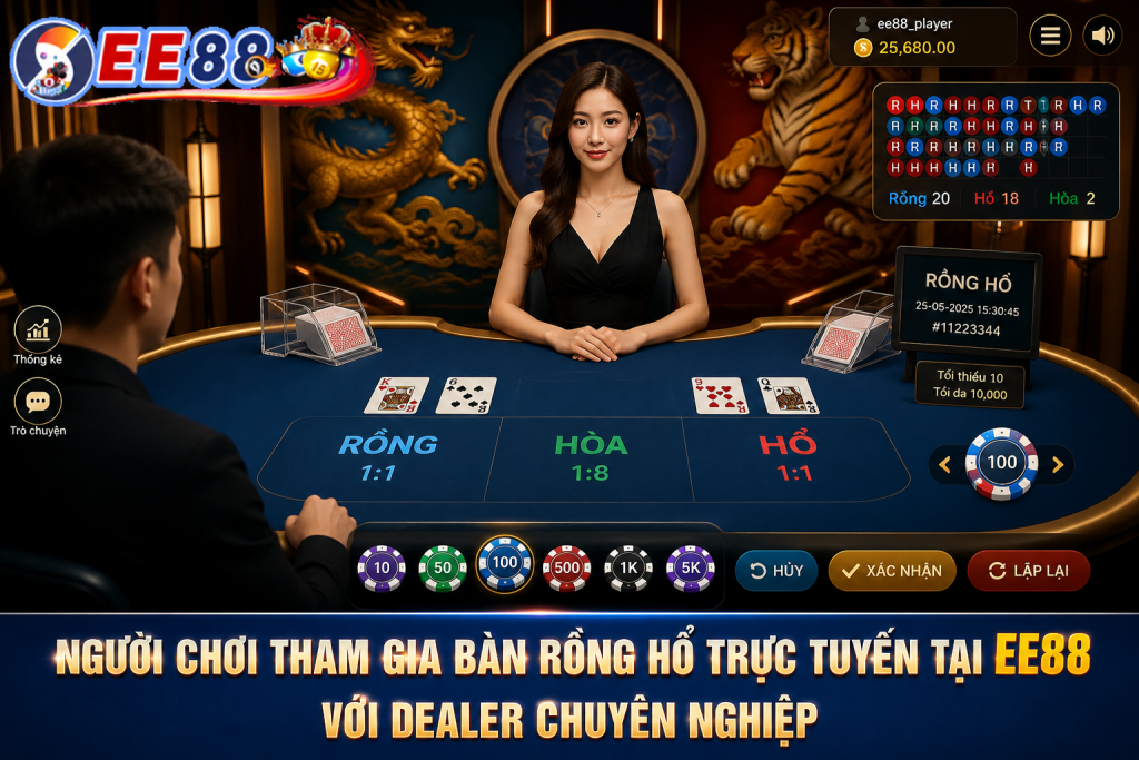 Người chơi tham gia bàn Rồng Hổ trực tuyến trên giao diện EE88 với Dealer chuyên nghiệp