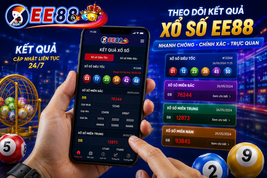 Người chơi theo dõi kết quả Xổ Số EE88 trên điện thoại với giao diện trực quan